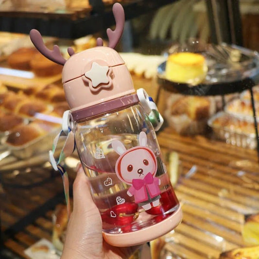 Children's Water Cup Kindergarten Primary School Baby Drop-resistant Cup Cute Girl's Antlers Water Pot Bag Straw Coke Bottle